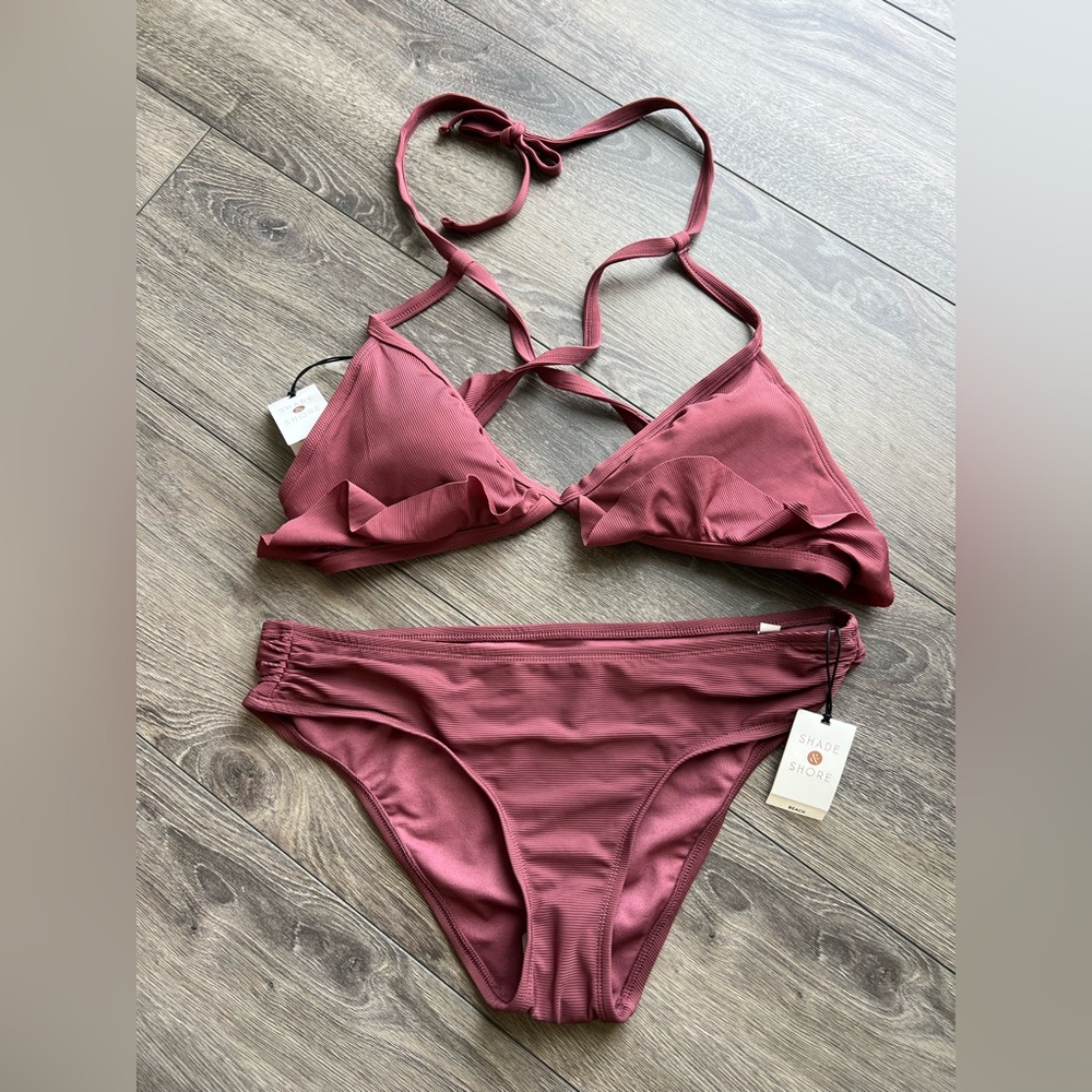 Shade & Shore Target Ribbed Ruffle Bikini Set- Raisin Burgundy 2 Piece Swimsuit - Picture 1 of 6